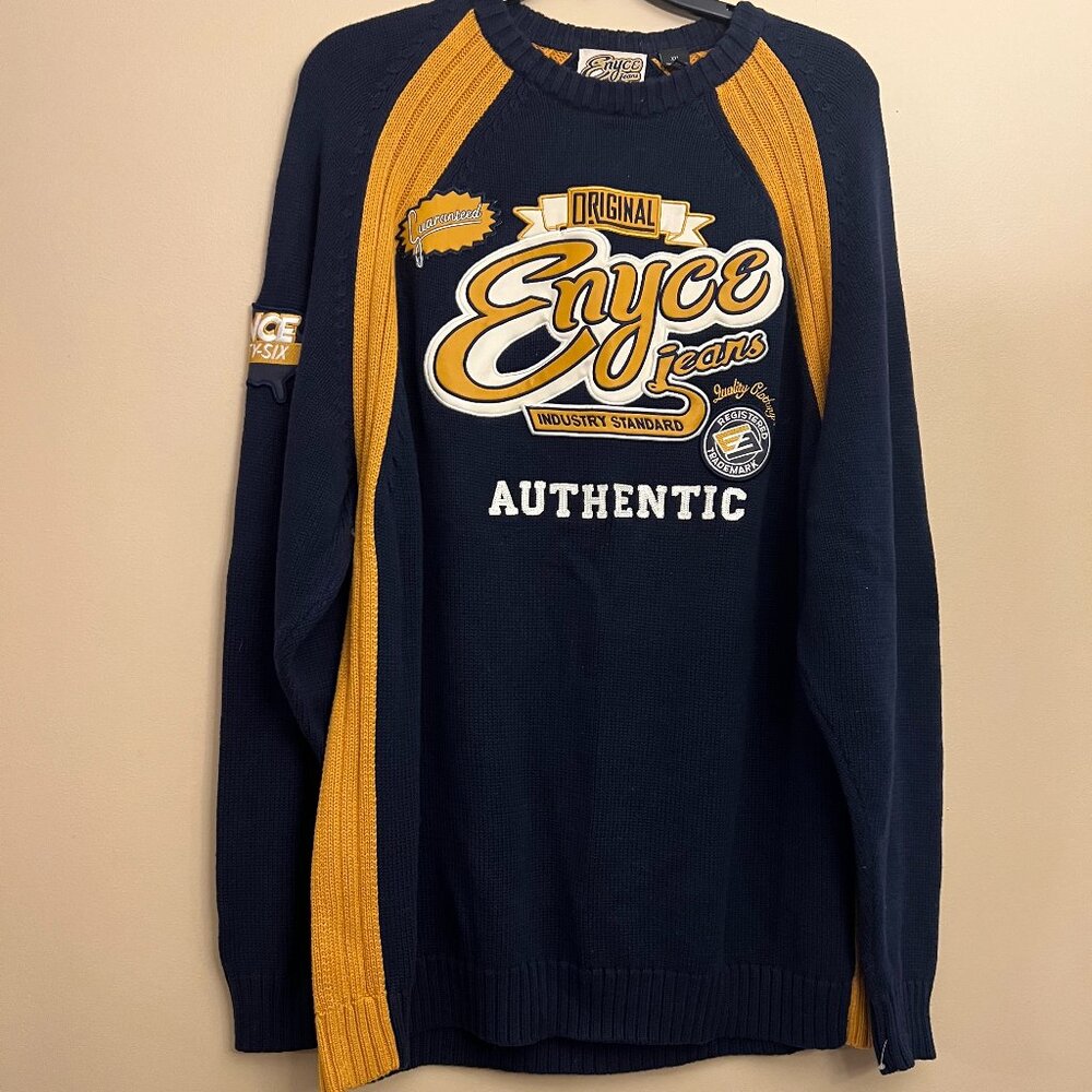 Enyce Sweater Men's Blue 3D Cable Knit Fisherman Pullover Leather, Size XXL